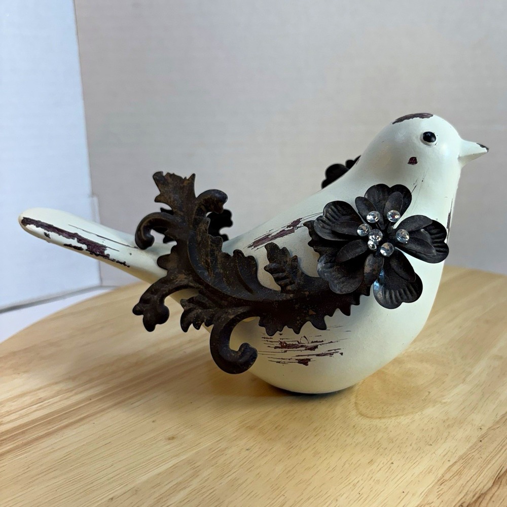 White Wooden Bird Figurine w Black Metal Floral Accents Wings Rhinestones 5in